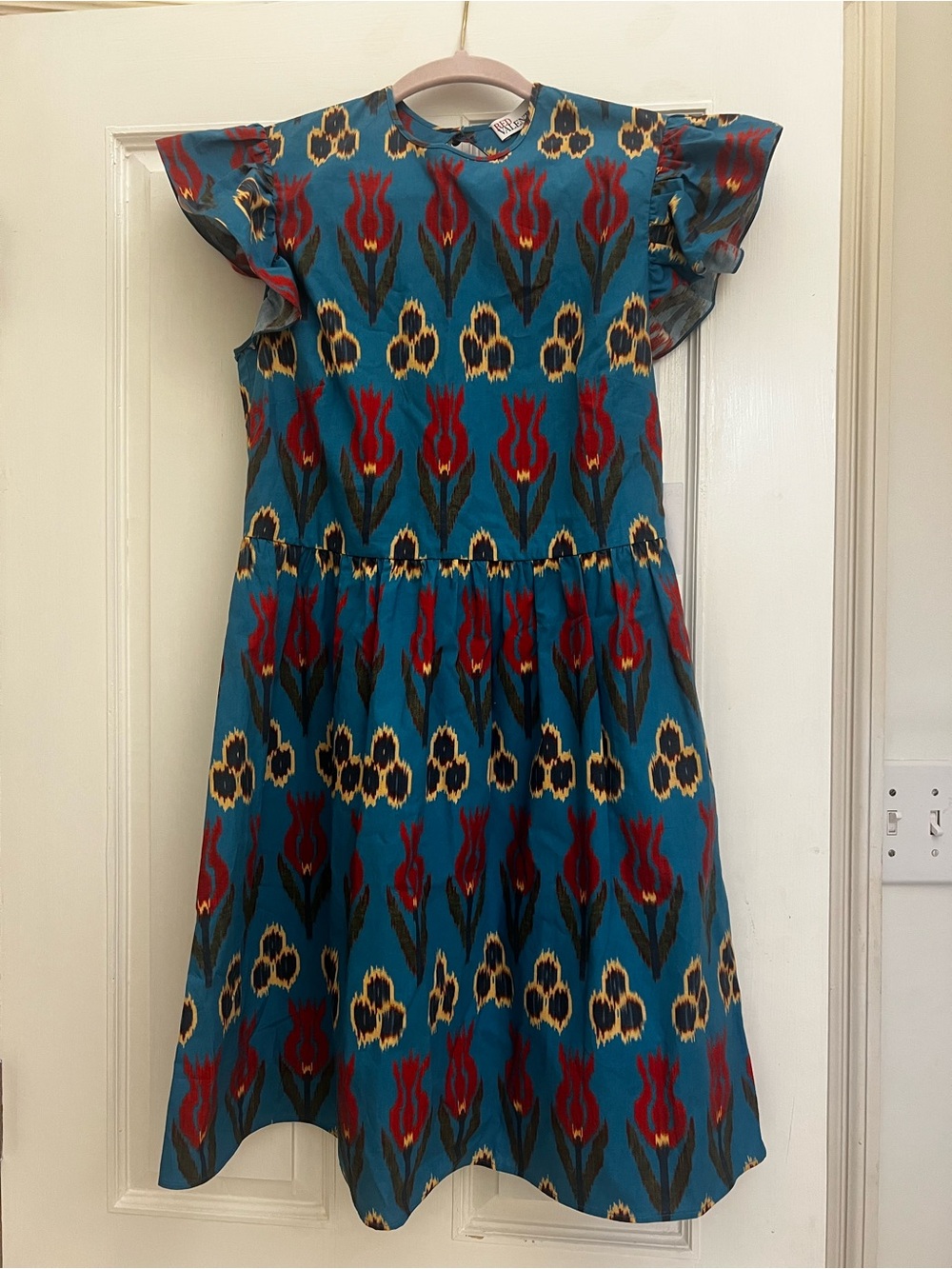 RED Valentino Teal Floral Print Ruffle Sleeve Dress
